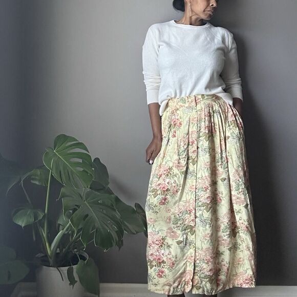 Vintage Capacity Floral Button-Down Skirt Womens Size Medium Yellow Cottage Core - Picture 1 of 10